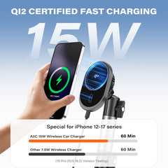 A2C for Magsafe Car Mount Charger, QI2 15W Wireless Fast Charging Cup Holder Phone Charger - Dual Cooling System, Aluminum Alloy Tri-Pivot Arm, 18 N54 Strong Magnets for iPhone 17/16/15/14/13/12 Only A2C