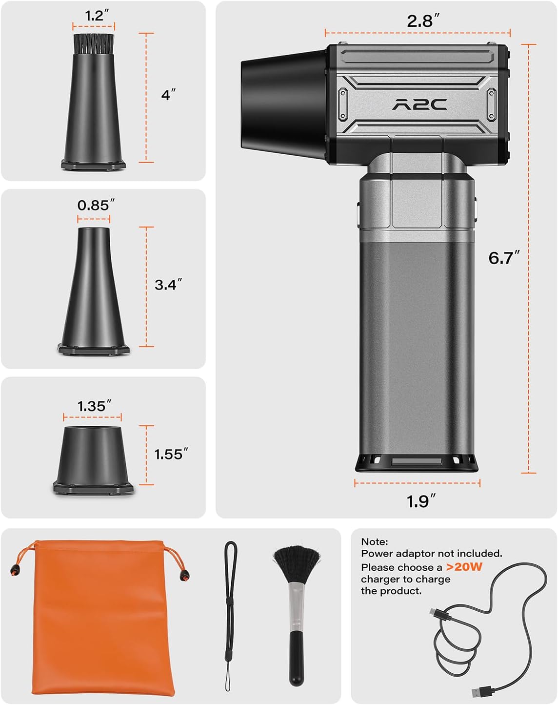 A2C Electric Air Duster- Upgraded 40mm Motor, 450g Super Power Airflow Compressed Air Duster, Rechargeable & 4-Gear Adjustable Cordless Turbo Blower for Keyboard, Computer, PC, Outdoor, House & Car A2C