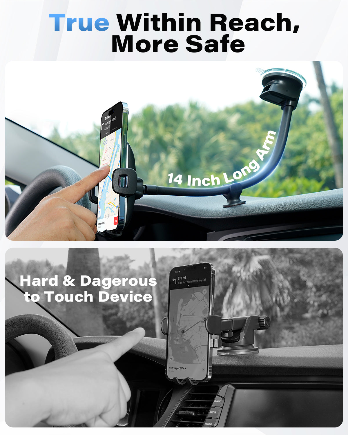 APPS2Car 14'' Gooseneck Car Phone Holder,Heavy Duty Phone Holder for Truck, [Flexibile Long Arm] [Anti Shake stabilizer] Windshield Car Phone Mount Suction Cup,Fit for iPhone, Samsung (Mirror Black) A2C