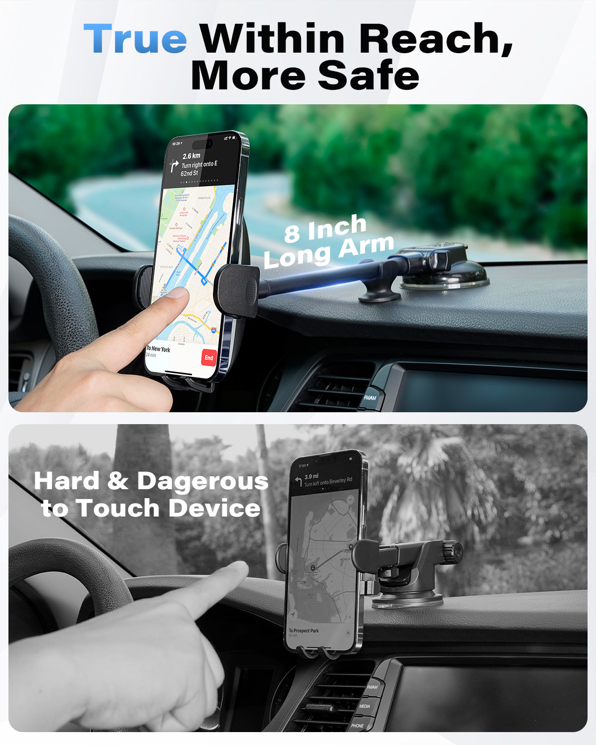 APPS2Car 14'' Gooseneck Car Phone Holder,Heavy Duty Phone Holder for Truck, [Flexibile Long Arm] [Anti Shake stabilizer] Windshield Car Phone Mount Suction Cup,Fit for iPhone, Samsung (Mirror Black) A2C