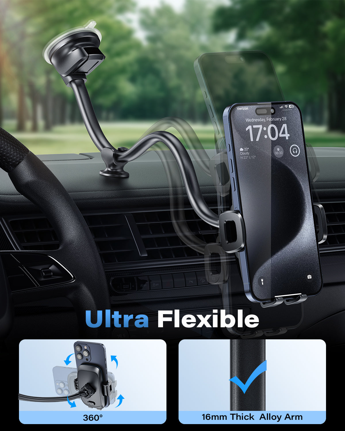 APPS2Car 14'' Gooseneck Car Phone Holder,Heavy Duty Phone Holder for Truck, [Flexibile Long Arm] [Anti Shake stabilizer] Windshield Car Phone Mount Suction Cup,Fit for iPhone, Samsung (Mirror Black) A2C