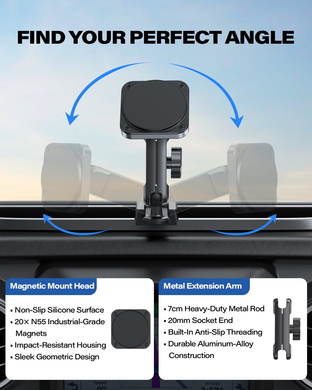 OQTIQ Dashboard Phone Mount for 2018–2023 Jeep Wrangler JL/JLU & Gladiator JT, Extended Metal Arm with Anti-Slip Dash Tray, Ultra-Strong Magnets, Compatible with MagSafe iPhone 12–17, Not for 4xe A2C