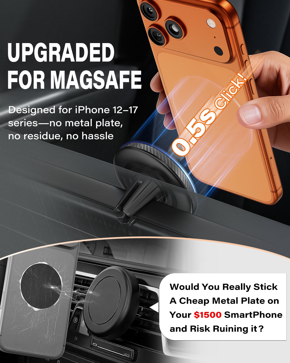 A2C Slim Magnetic Phone Holder for Car, Rental Car Essentials for Travel, No Assembly, Compact, One-Hand Operation, Easy Removal, Reusable, Upgraded Air Vent Phone Mount Compatible with MagSafe iPhone A2C