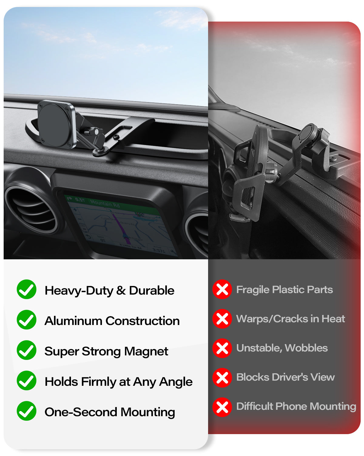 OQTIQ Dashboard Phone Mount for 2018–2023 Jeep Wrangler JL/JLU & Gladiator JT, Extended Metal Arm with Anti-Slip Dash Tray, Ultra-Strong Magnets, Compatible with MagSafe iPhone 12–17, Not for 4xe A2C