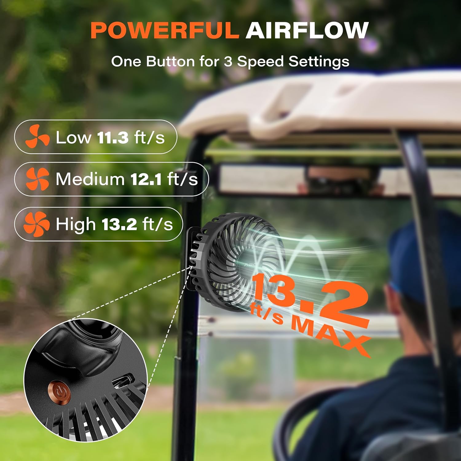 A2C Golf Cart Fan Rechargeable Magnetic Base Battery Operated Portable Fan A2C
