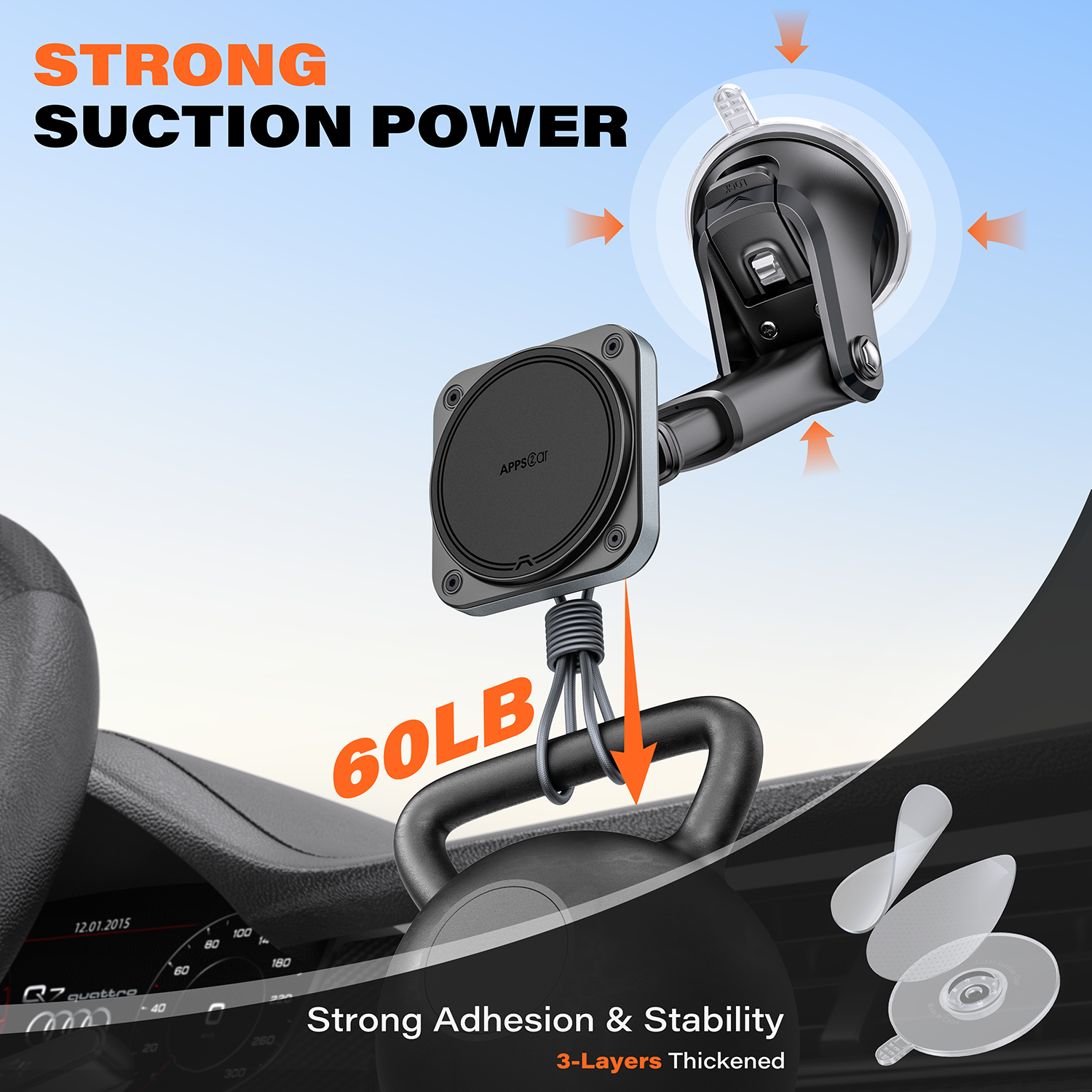 APPS2Car for MagSafe Car Mount, Extra Strong Hold Magnetic Phone Holder with 20xN55 Magnets, Suction Cup Stand for Windshield Dashboard, Adjustable Telescopic Arm, Fit for iPhone Samsung A2C