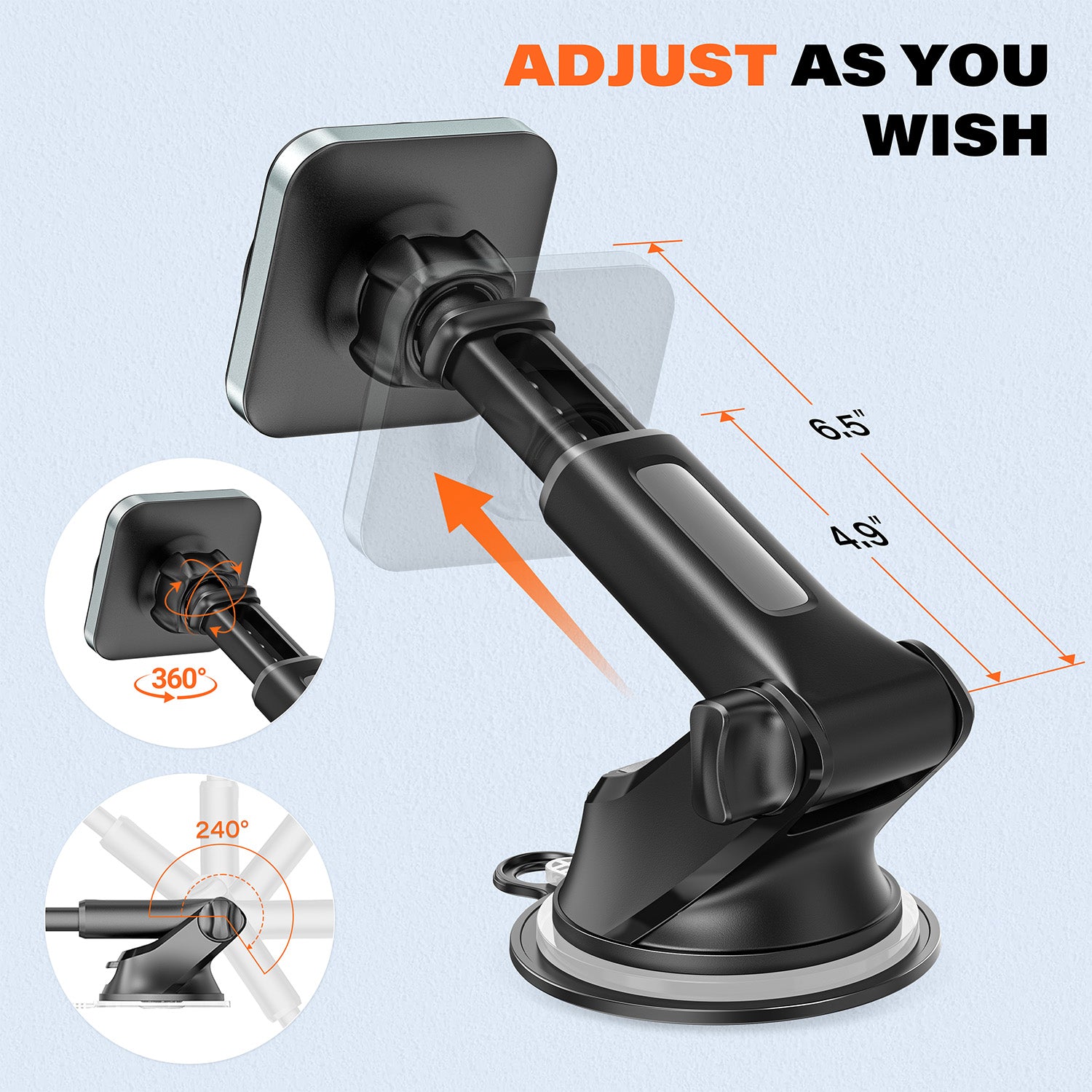 APPS2Car for MagSafe Car Mount, Extra Strong Hold Magnetic Phone Holder with 20xN55 Magnets, Suction Cup Stand for Windshield Dashboard, Adjustable Telescopic Arm, Fit for iPhone Samsung A2C