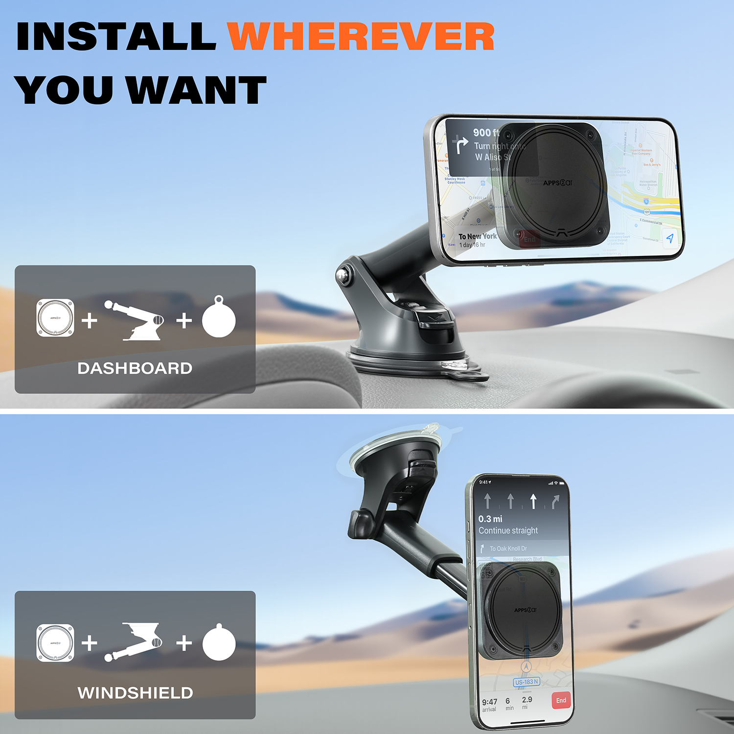 APPS2Car for MagSafe Car Mount, Extra Strong Hold Magnetic Phone Holder with 20xN55 Magnets, Suction Cup Stand for Windshield Dashboard, Adjustable Telescopic Arm, Fit for iPhone Samsung A2C