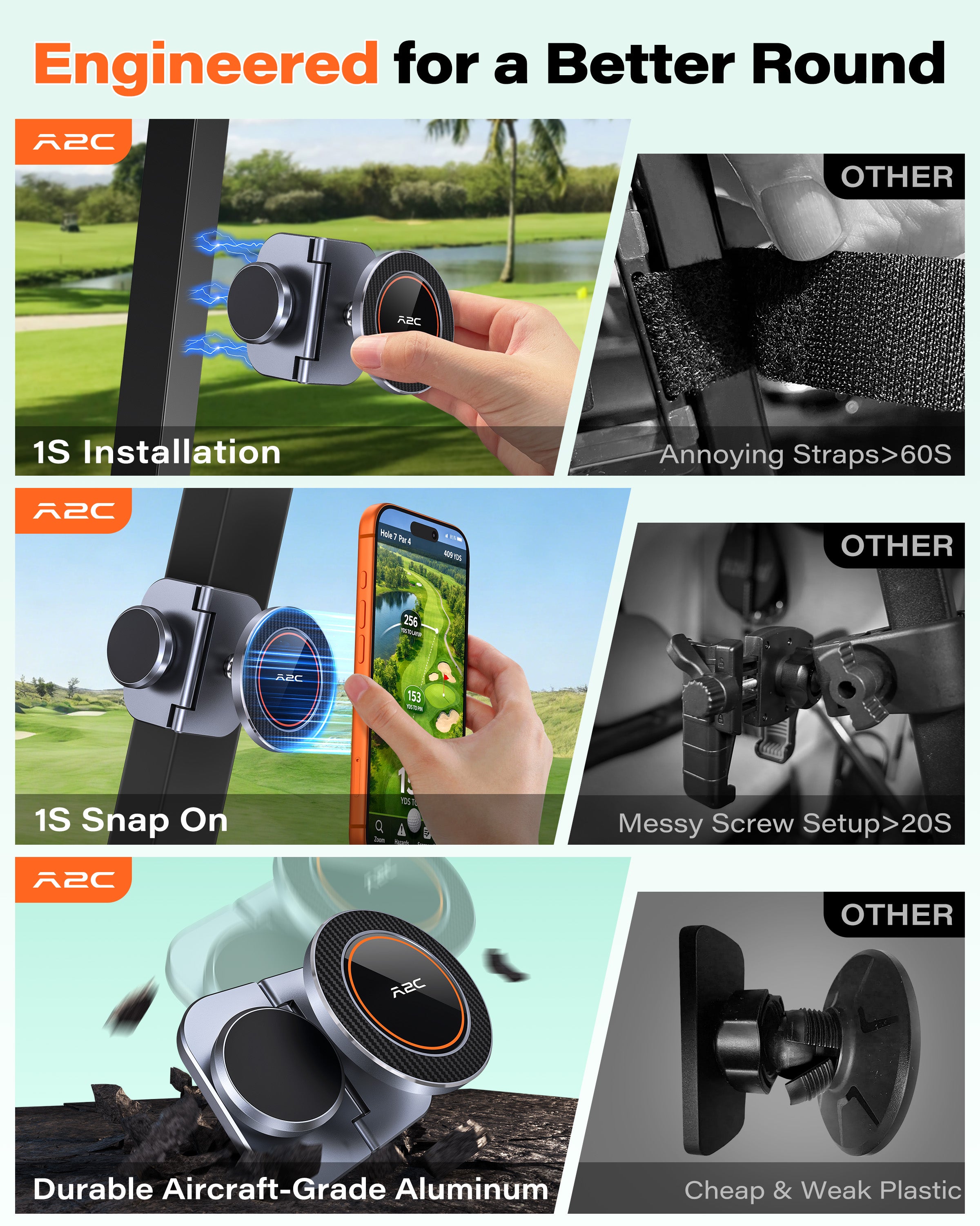 A2C Original Fold-Magnet Golf Cart Phone Holder with Rangefinder Mount, CNC Aircraft-Grade Aluminum Alloy, Unique Golf Gifts for Men Dad Him Husband Grandpa 2026, Premium Golf Accessories Essentials A2C