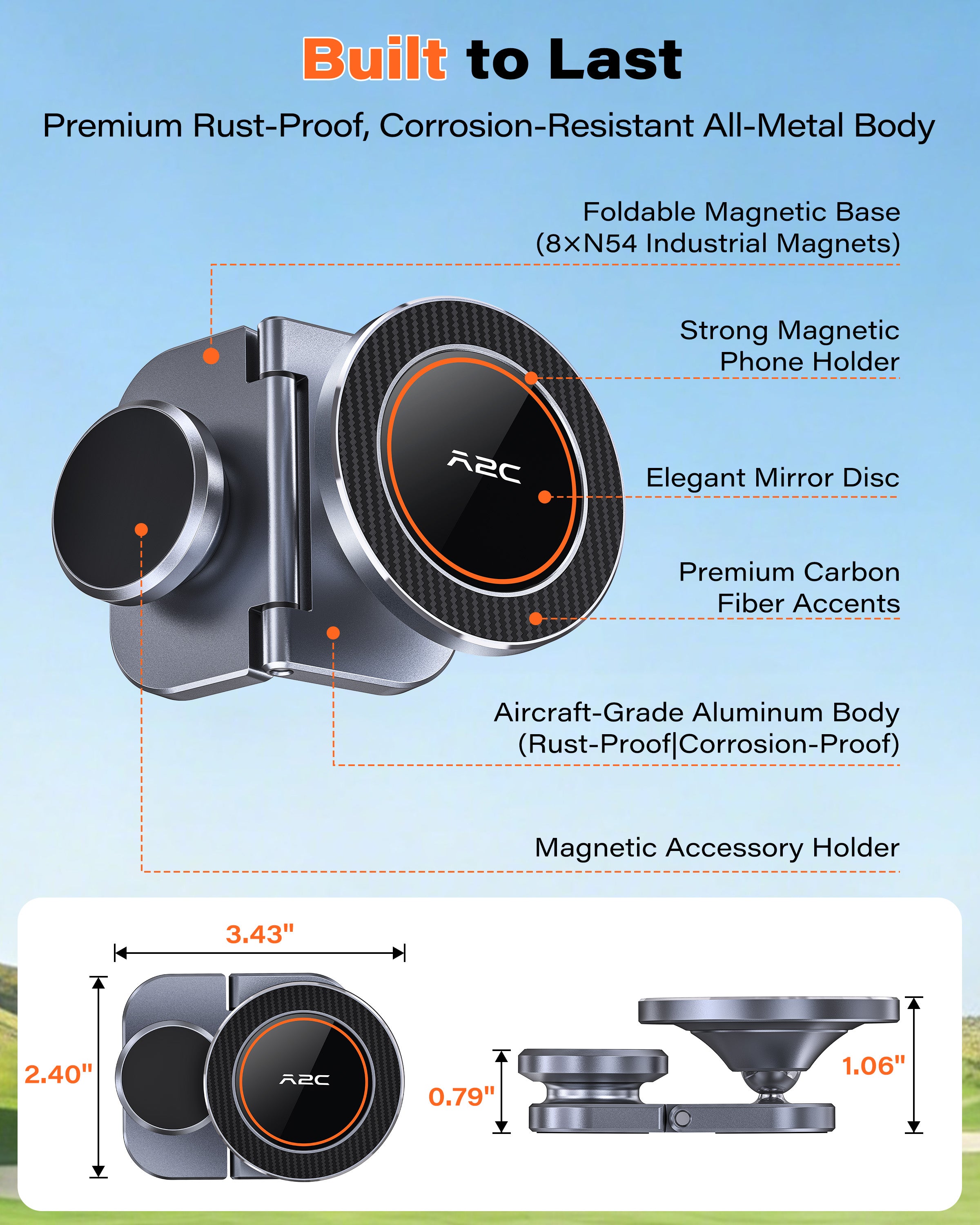A2C Original Fold-Magnet Golf Cart Phone Holder with Rangefinder Mount, CNC Aircraft-Grade Aluminum Alloy, Unique Golf Gifts for Men Dad Him Husband Grandpa 2026, Premium Golf Accessories Essentials A2C