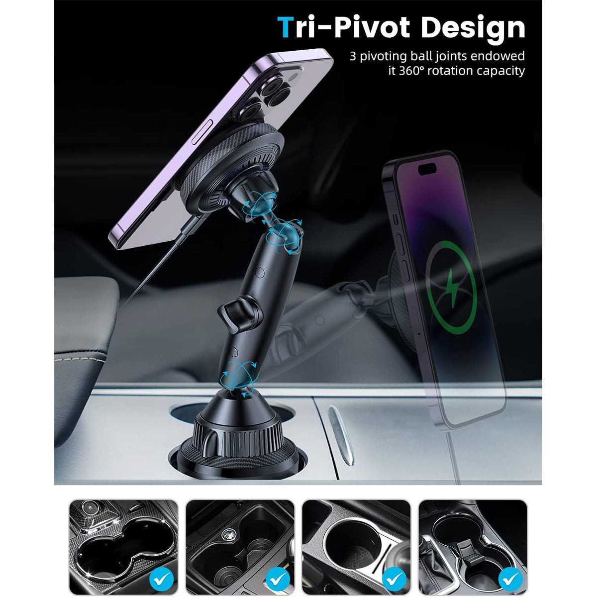 Tri-Pivot Magsafe Cup Holder Charger Mount APPS2Car Mount
