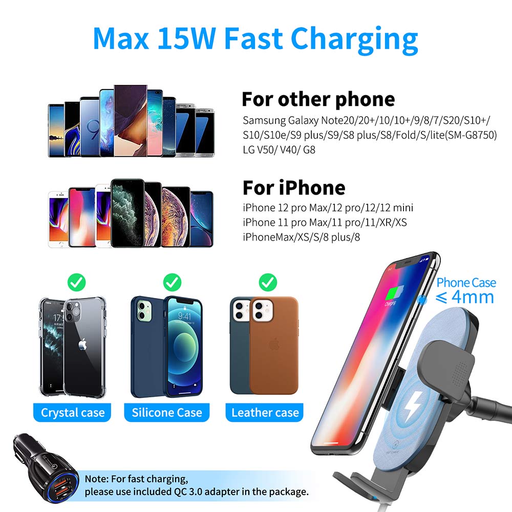 APPS2Car 15W Wireless Car Charger Holder Upgraded Qi Fast Charging Mount